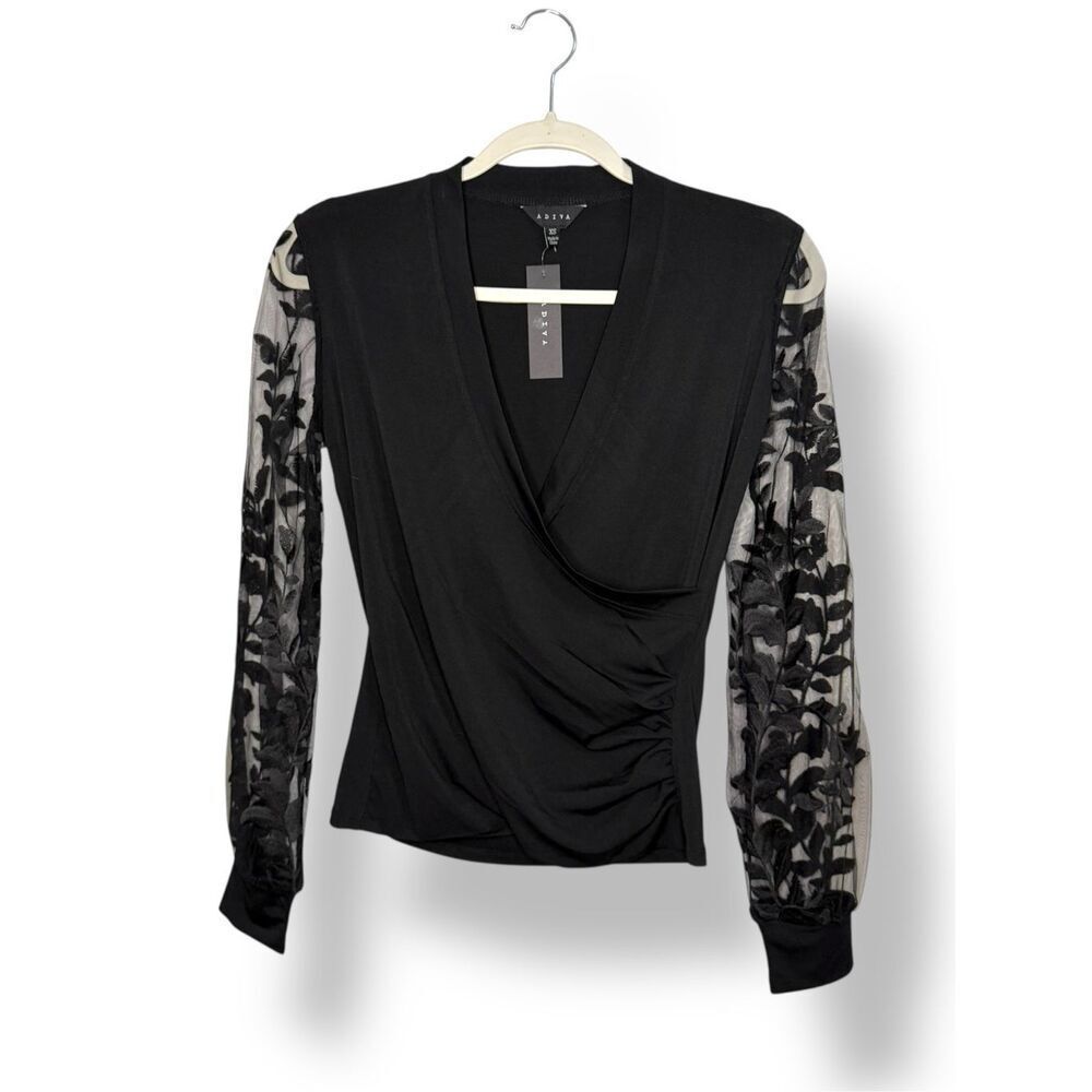 Adiva Women’s XS Wrap Blouse Black Sheer Sleeves Floral Embroidered NEW